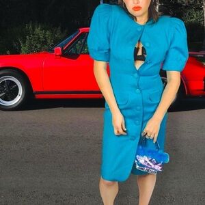 VTG 80s Albert Nipon Boutique Jewel Ton Blue Linen Puff Sleeve Midi Dress Sz 8
